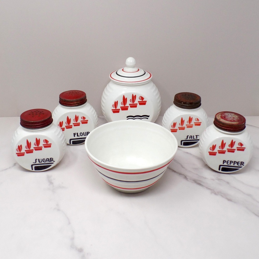 Vintage Fire-King Vitrock 8 Piece Range / Hoosier Set with Bowl (1940s)